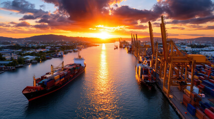 Obraz premium Majestic Sunset Over Port with Container Ship and Cranes Illuminated by Golden Light