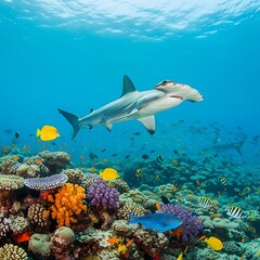 Fototapeta premium Hammerhead shark and colorful reef fish in a vibrant underwater scene.