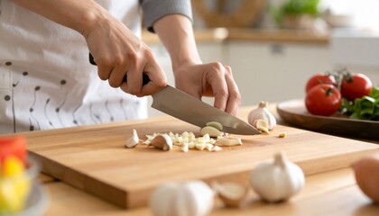 A person's hands chopping fresh garlic cloves with a chef's knife on a wooden cutting board.