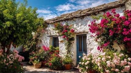 Fototapeta premium Close-up of a quaint rural house with whitewashed walls, surrounded by blooming flowers