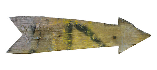 Isolated old wooden arrow sign with cracked paint and nails transparent background PNG