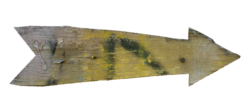 Isolated old wooden arrow sign with cracked paint and nails transparent background PNG