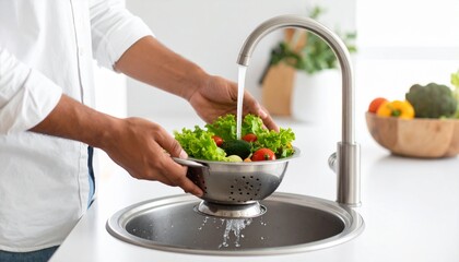 A man in a white shirt washes fresh vegetables in a colander under running water from a modern kitchen faucet.