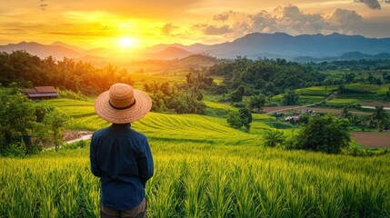 Fototapeta premium Person Contemplating Sunrise Over Rice Terraces