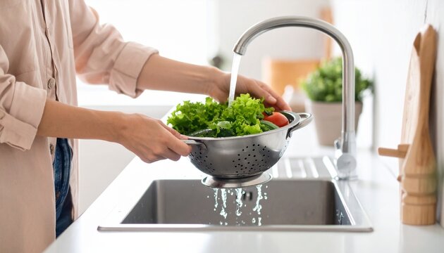 A woman washes fresh salad greens and vegetables in a colander under running water in a modern kitchen sink.