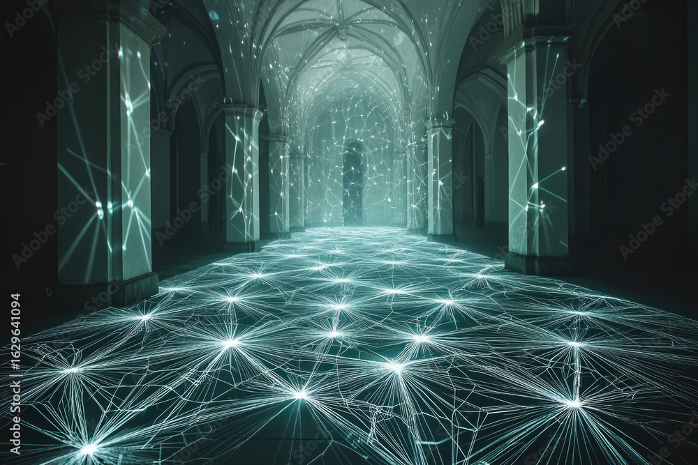 Aufkleber illuminated hallway with projected light patterns resembling a network, creating a futuristic and et