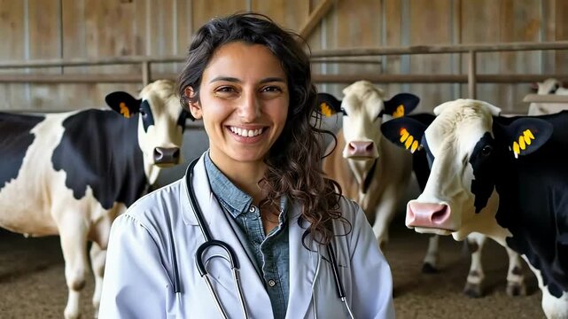 veterinarian examines cows in the background