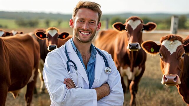 veterinarian examines cows in the background