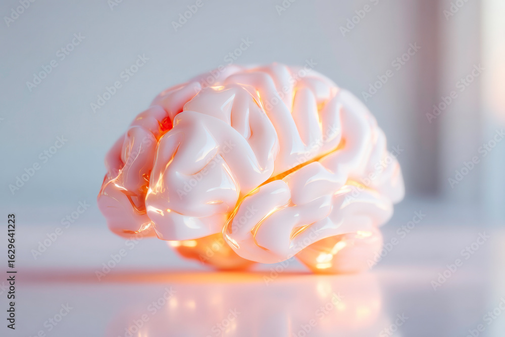 Poster white brain with glowing sparks on white background for science and innovation concepts