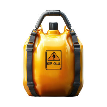 Yellow plastic container with warning label, caution sign, and carrying straps on transparent background