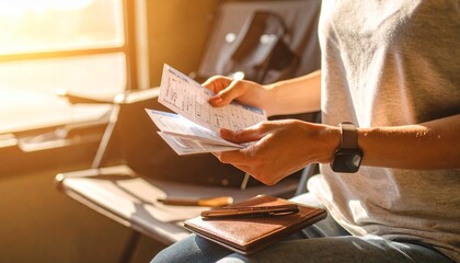 A person sits by a sunlit window, carefully reviewing financial papers, receipts, and documents.