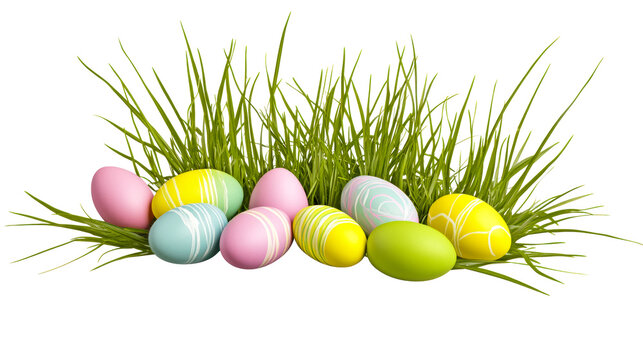 Colorful Easter eggs arranged in grass on a transparent background