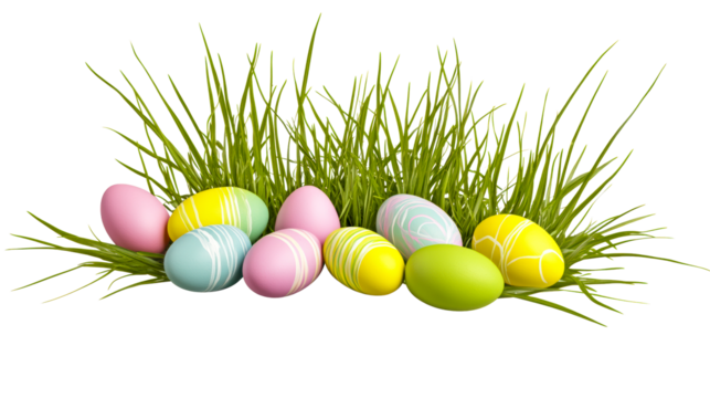 Colorful Easter eggs arranged in grass on a transparent background