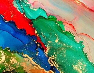 Abstract fluid art with vibrant colors and gold flecks