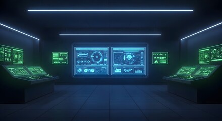 Two large floating rectangular digital screens, computer monitors, with content areas, hovering in a surreal, minimal virtual space.. control room, holographic, modern, wireframe, reflection, floating