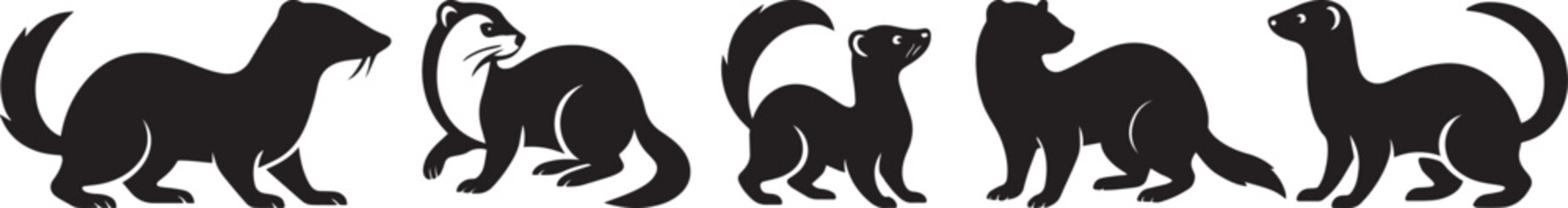 Collection of Playful Mustelids Black Silhouette Art Depicting Graceful Ferrets and Ermines Leaping and Posing
