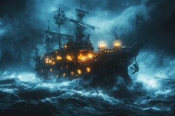 Pirate ship navigating treacherous night ocean storm with heavy rain and turbulent waves under dark sky illuminating its epic voyage and dramatic adventure