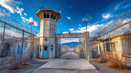 Fototapeta premium Abandoned Prison Facility with Guard Tower and High Fence under Dramatic Blue Sky