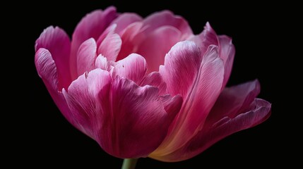 Close up of a vibrant pink double tulip flower against a dark background