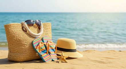 Beach essentials including a straw bag sunglasses flip flops hat and starfish on the sand near ocean