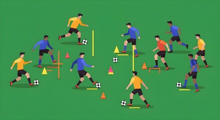Vector Illustration of Football Players Doing Training Drills with Cones