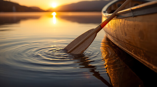 A close-up of a wooden paddle stirring water in a handcrafted canoe at sunset, creating ripples and splashes with warm golden light reflecting off the calm lake surface and soft focus mountains in the