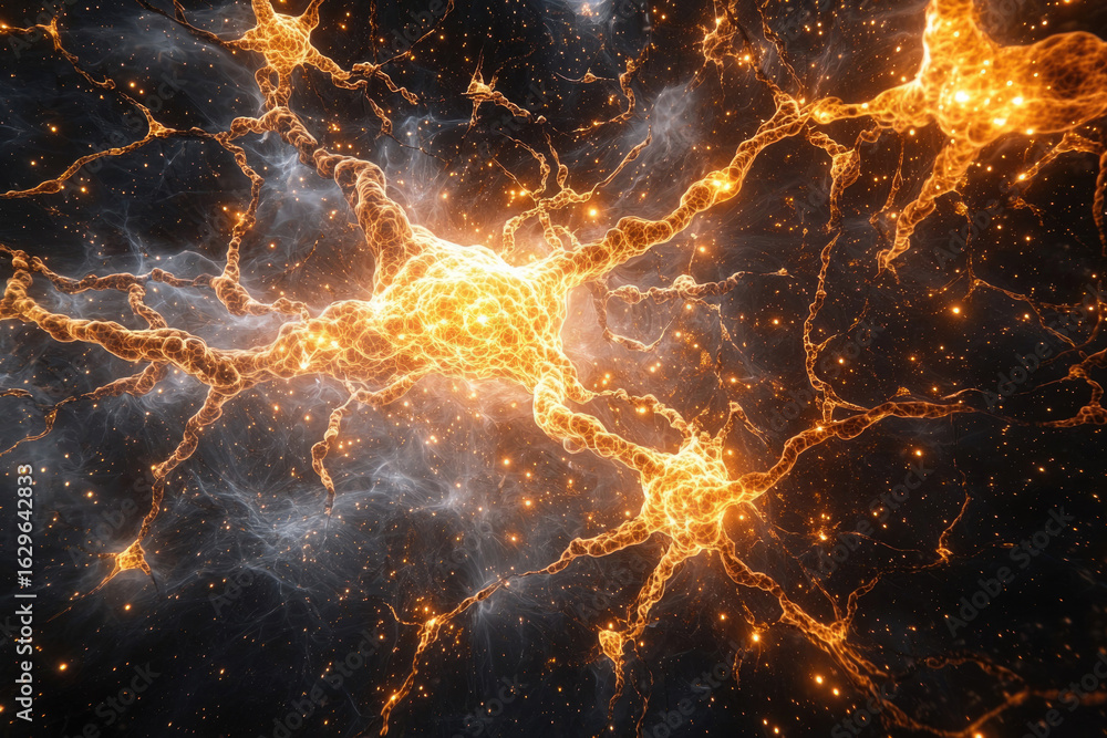 Poster abstract depiction of interconnected neurons, resembling a cosmic neural network glowing with fiery 