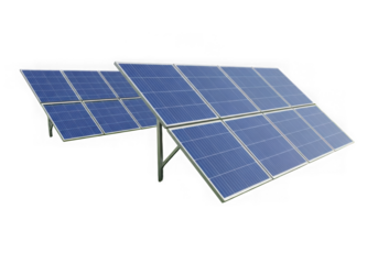 Two solar panel arrays are angled to capture sunlight and generate clean renewable energy for the future isolated on transparent background