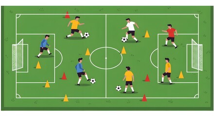 Vector Illustration of Football Players Doing Training Drills on a Field