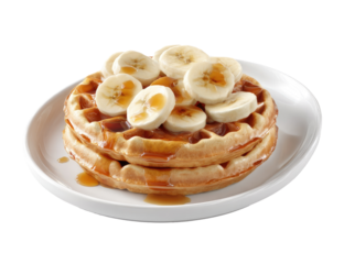 Two golden waffles topped with sliced bananas and a drizzle of syrup