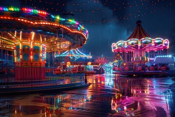 Vibrant carnival amusement park rides illuminated at night creating stunning colorful reflections on wet ground with magical festive spooky atmosphere.