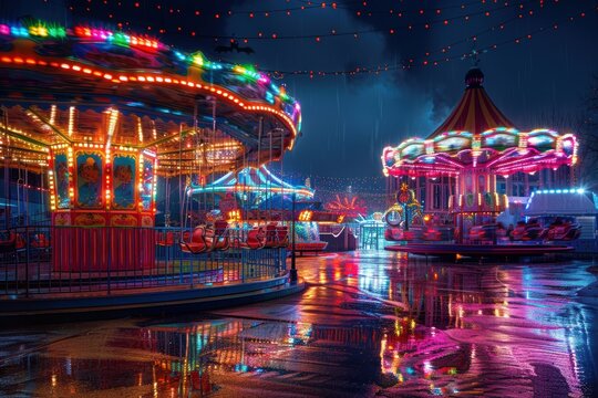 Vibrant carnival amusement park rides illuminated at night creating stunning colorful reflections on wet ground with magical festive spooky atmosphere. - Powered by Adobe