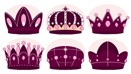 Collection of royal crowns in purple and pink. A majestic set of illustrated icons representing power, monarchy, and nobility.