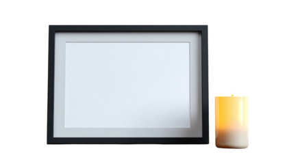 A black framed, blank portrait with a warm-toned candle