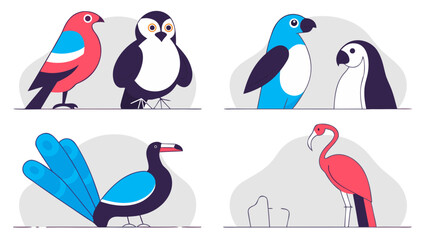 Obraz premium A vibrant collection of stylized bird illustrations in a modern flat vector design, featuring a penguin, flamingo, and other exotic avian species.