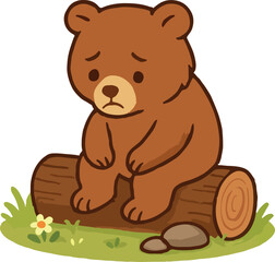 Sad Cartoon Bear Sitting on a Log Among Rocks and Grass in a Forest Illustration
