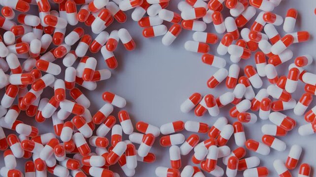 Many capsule pills in motion. Red-white capsule pills flying around center. 3d animation