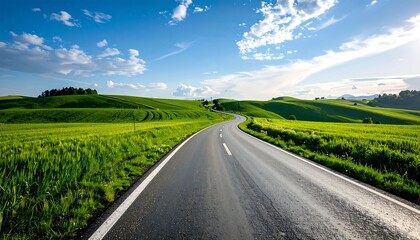 Fototapeta premium Winding road through green fields under a vibrant sky