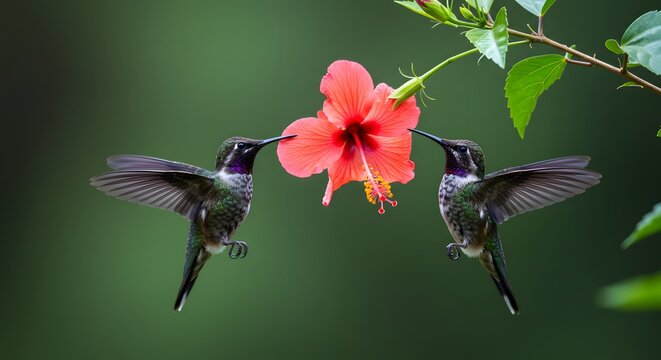 Two hummingbirds hovering near a red hibiscus flower with a blurred green background in a garden scene - Powered by Adobe