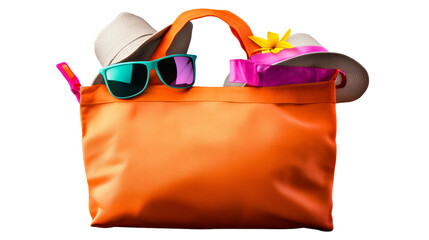 Summer beach bag with sunglasses and hats ready for fun