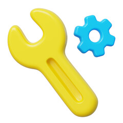 Yellow wrench next to a blue gear