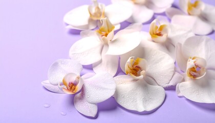 "Light pink orchids with orange centers on a purple background with scattered water droplets, creating a vibrant and delicate floral composition"