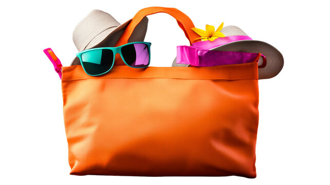 Summer beach bag with sunglasses and hats ready for fun