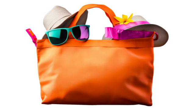 Summer beach bag with sunglasses and hats ready for fun