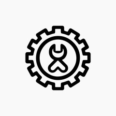 Black outline of a gear with a wrench inside technical drawing.