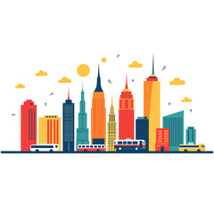 Obraz premium Colorful skyline illustration of a modern city with buildings and vehicles 