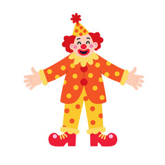 Naklejka premium Cheerful clown with open arms wearing polka dot costume and hat 