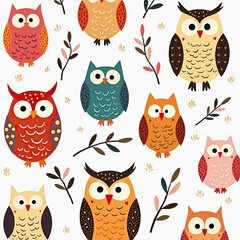 A delightful and seamless pattern of charming, colorful cartoon owls and whimsical autumn leaves, perfect for a cozy and playful kids' room or fabric design.
