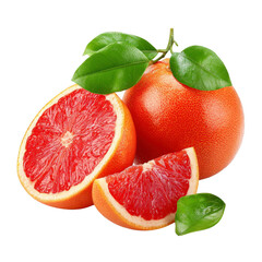 Fresh grapefruit segments and whole fruit with leaves