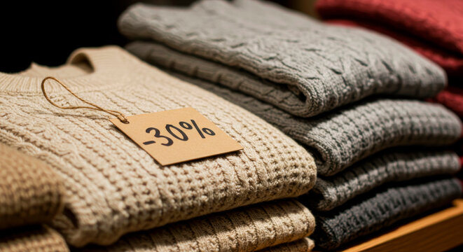 Stack of warm sweaters on a shelf with a 30% off sale tag. Autumn clothing deals and promotions.